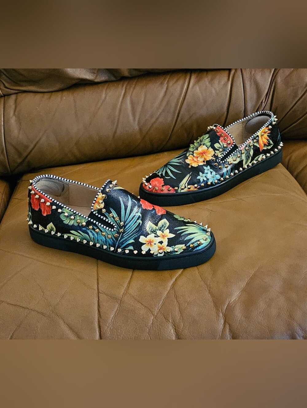 Men's Christian Louboutin Floral Spike-Studded Slip-On Loafers Size 11 US
